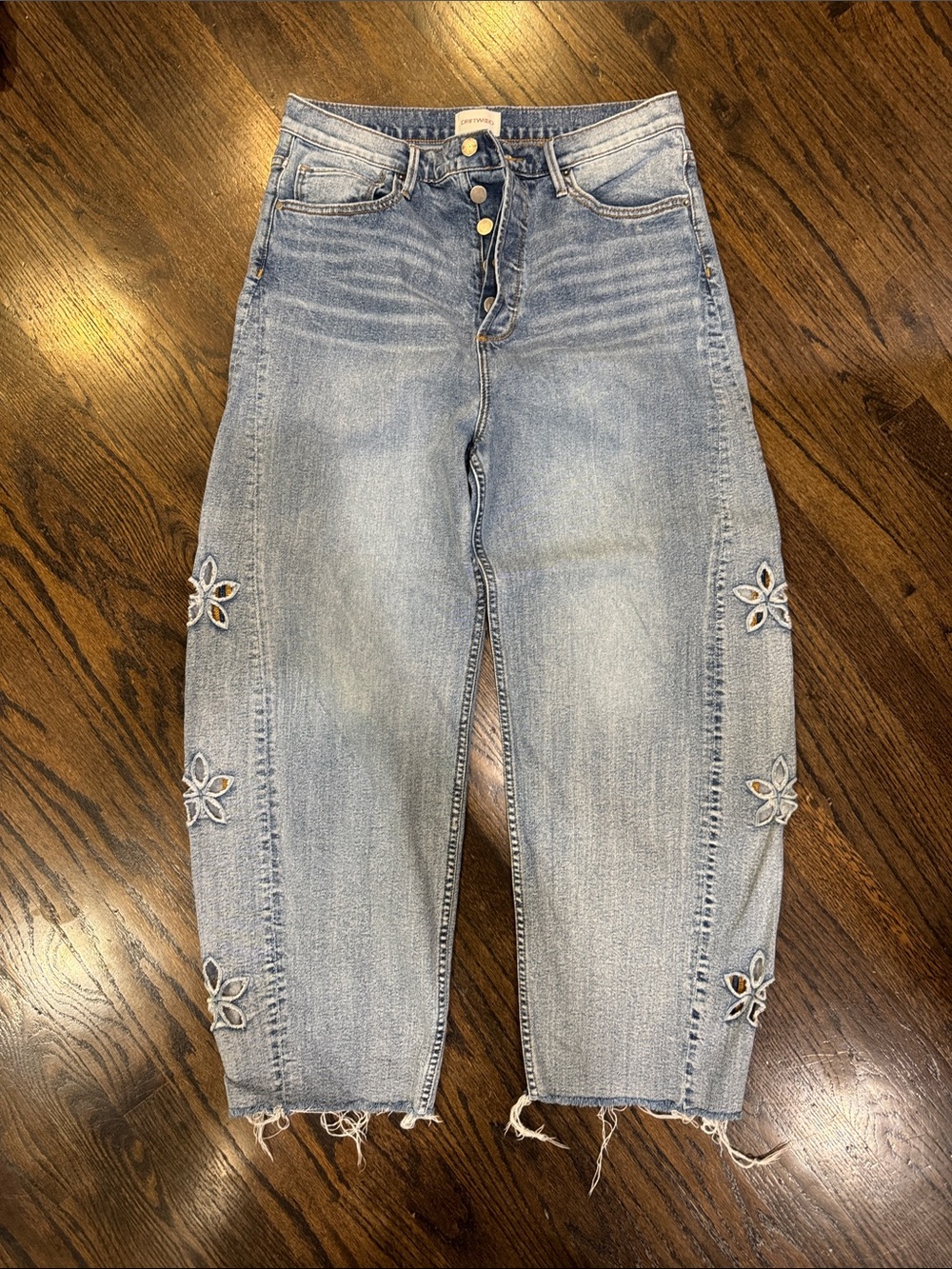 DRIFTWOOD Light Blue High-Rise Cropped Jeans with Floral Cutout Detail Barrel